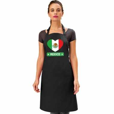Mexicaanse vlag in hart keukenschort/ barbecueschort zwart heren en